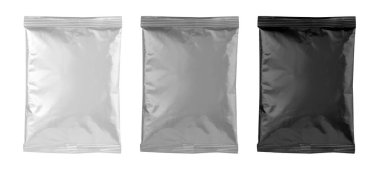 Empty foil for snacks for food Packaging for coffee, salt, sugar, pepper, spices, sachets, sweets, chips, cookies. Isolated Layout Template,