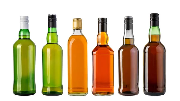 Botellas Whisky Vidrio Con Tapa Rosca Blanca Aislada Blanco Fotos de stock libres de derechos