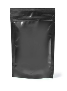 Black foil doypack stand up packaging pouch with zipper on white background with clipping path