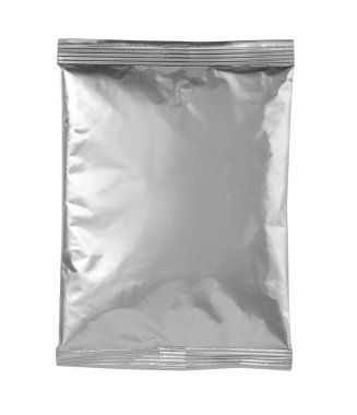 Yiyecek paketleri için boş folyo. Kahve, tuz, şeker, biber, baharatlar, kese, şeker, cips, kurabiye. İzole Düzen Şablonu,