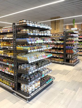 Anapa, Russia April 28, 2022: Shelves in the shopping hall of the Tabris supermarket