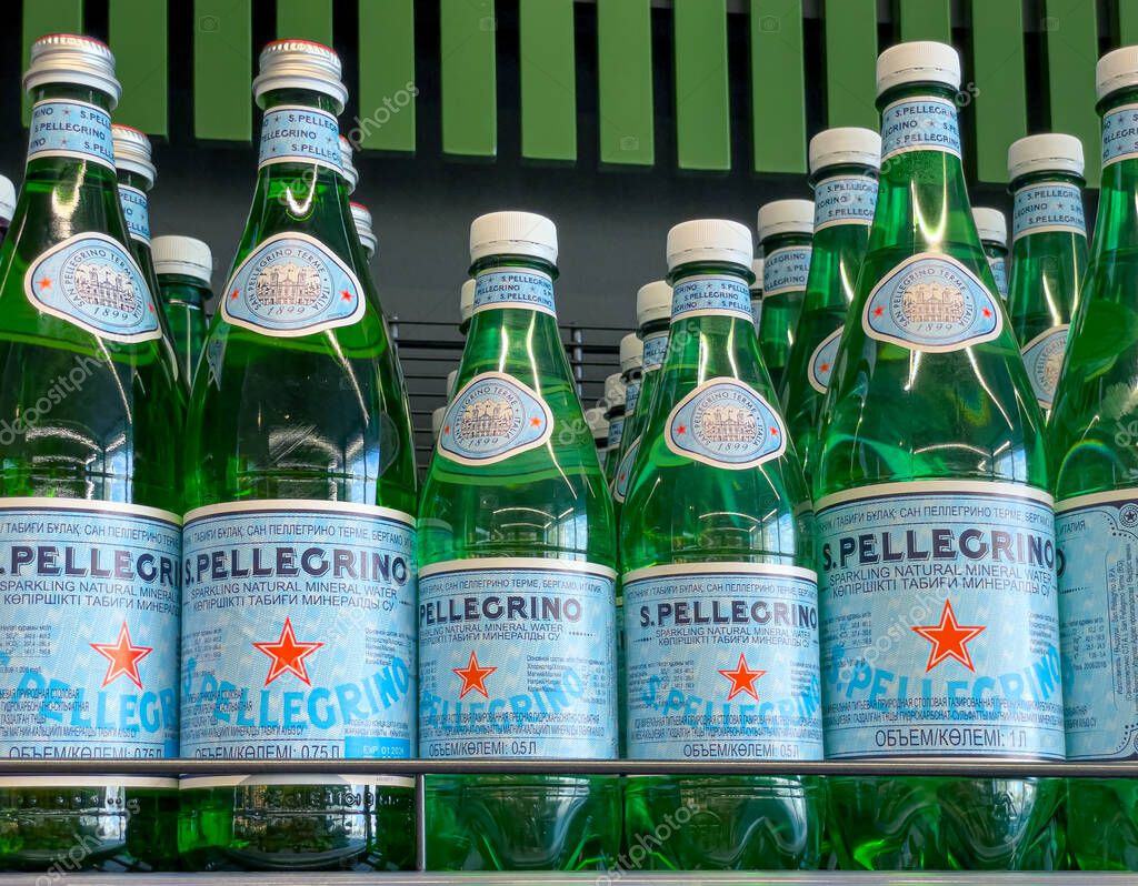 Anapa, Russia April 28, 2022:Bottles of  San Pellegrino water on the shelves in the supermarket