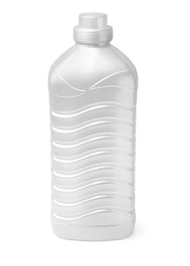 Beyaz kapaklı beyaz plastik şişe, beyaz arka planda sıvı deterjan ya da kırpma yolu olan temizlik maddesi için izole edilmiş.