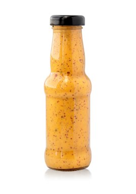 Kırpma yolu ile beyaz arkaplanda izole cam hardal kavanozu