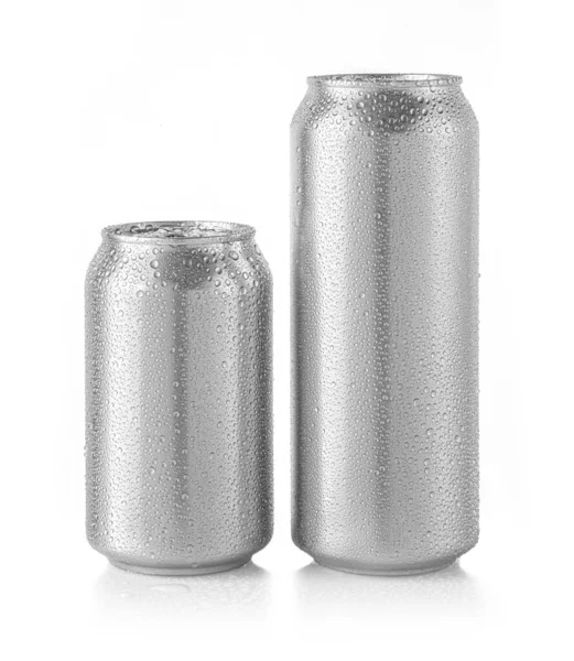 Prázdné Plechovky Piva Kondenzačními Kapkami Malá Vzdušná Hliníková Soda Nápojový — Stock fotografie