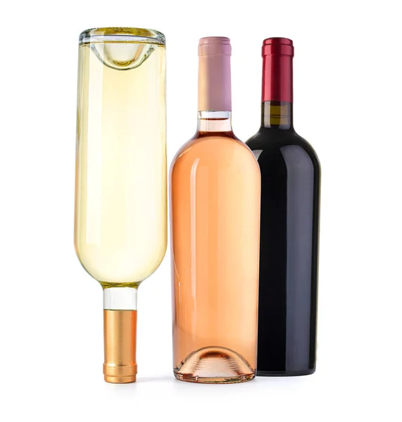 Vorderseite Rote Rosa Und Weiße Weinflaschen Isoliert Auf Weißem Hintergrund — Stockfoto