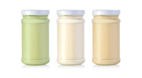 Glass Jar Can Dairy Dessert Yoghurt Cream Sour Cream Sauce — Stock Photo, Image