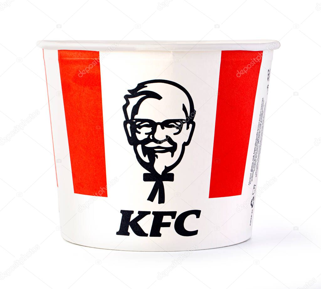 Chisinau, Moldova September 01, 2021: A Bucket of KFC Chicken. Initially Kentucky Fried Chicken, founded by Harland Sanders, the fast food restaurant chain is now owned by Yum! Brands.