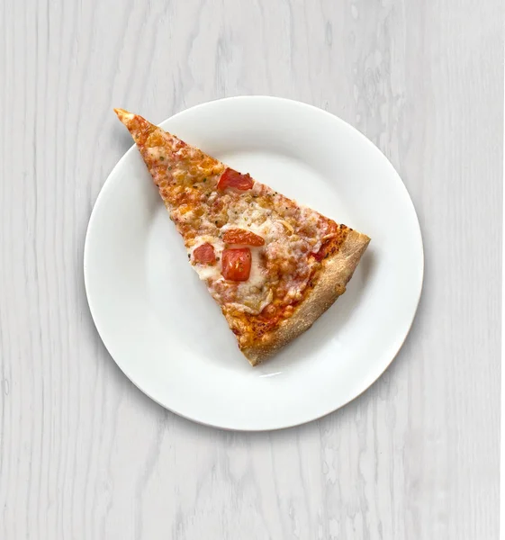 Slice Hot Pizza Mozzarella Cheese Ham Tomatoes Plate Wood Background — Stok fotoğraf