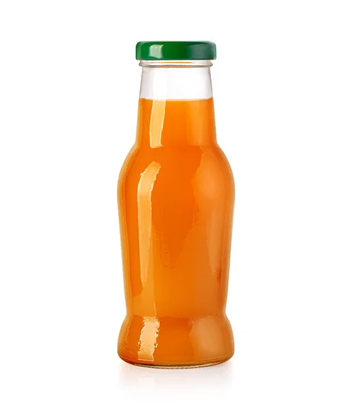 Glass Bottle Orange Juice Green Lid Isolated White Clipping Path — стоковое фото