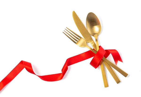 Cutlery Tied Red Ribbon White Background Clipping Path — Stok fotoğraf