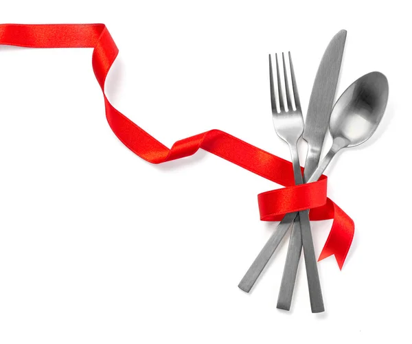 Cutlery Tied Red Ribbon White Background Clipping Path — Zdjęcie stockowe