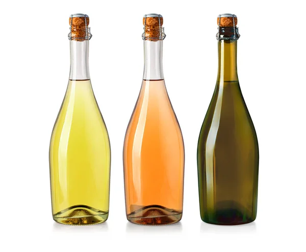 Collection Sparkling Wine Glass Bottles Isolated White Rose Red Wines — Stockfoto