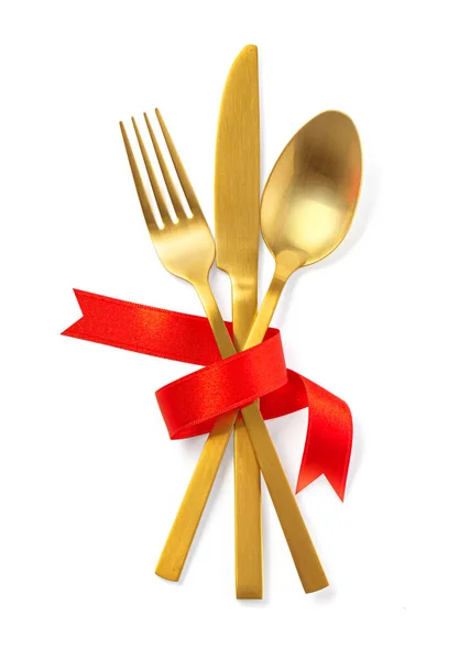 Cutlery Tied Red Ribbon White Background — Φωτογραφία Αρχείου