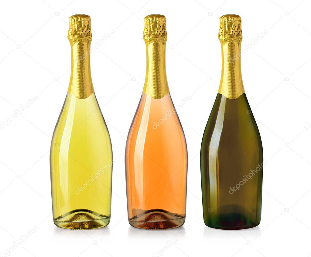 The collection of Sparkling  wine glass bottles isolated on white, rose and red wines, can be used for mockups of product design. Isolated on white.