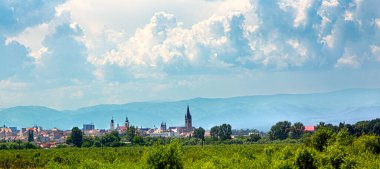 Panoramic view of the Sibiu city in summer with  Fagaras mountains in the back, part of the Carpathian mountains, Romania
