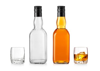 whiskey glass bottle with black lid isolated on white background 