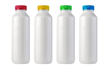 White plastic bottle for milk or milky drinks with green , red, yelllow, blue lid, isolated on white with clipping path
