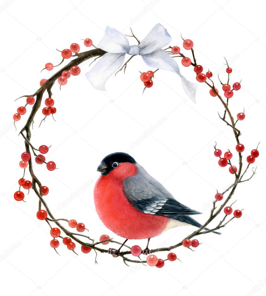 Bullfinch on a branch with red berries with white ribbon isolated on a white background. Watercolor illustration .