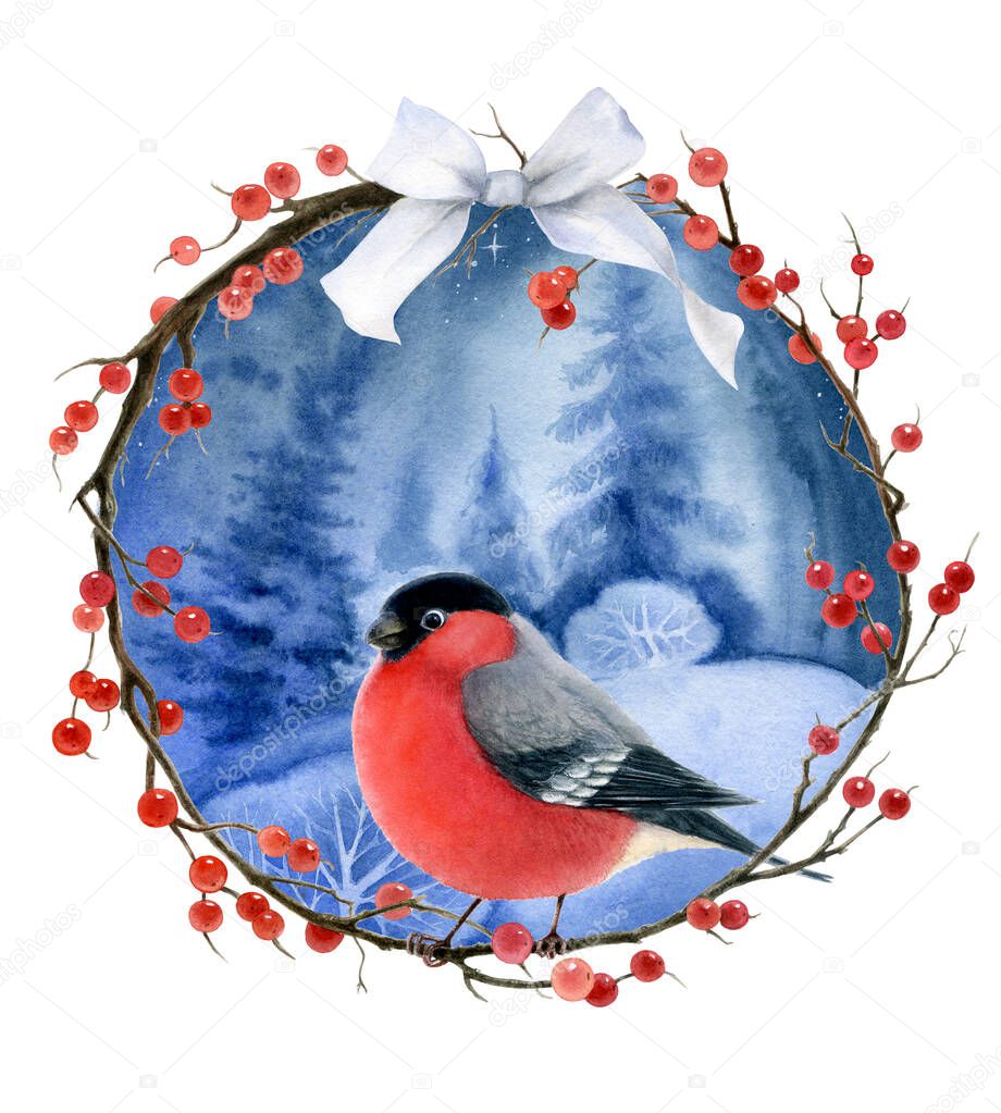 Bullfinch on a branch with red berries with white ribbon on a winter background. Watercolor illustration .