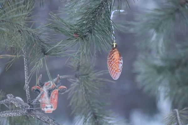 눈덮인 크리스마스 트리를 장식하고 있는 토이 콘 — 스톡 사진