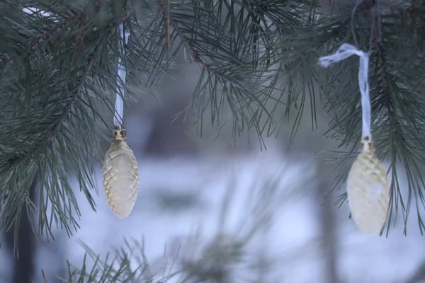 Conos de juguete decoran un árbol de Navidad cubierto de nieve — Foto de Stock