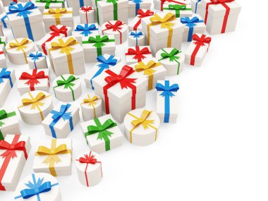 izole metin için yer ile beyaz arka plan üzerinde renkli hediye kutuları yığını