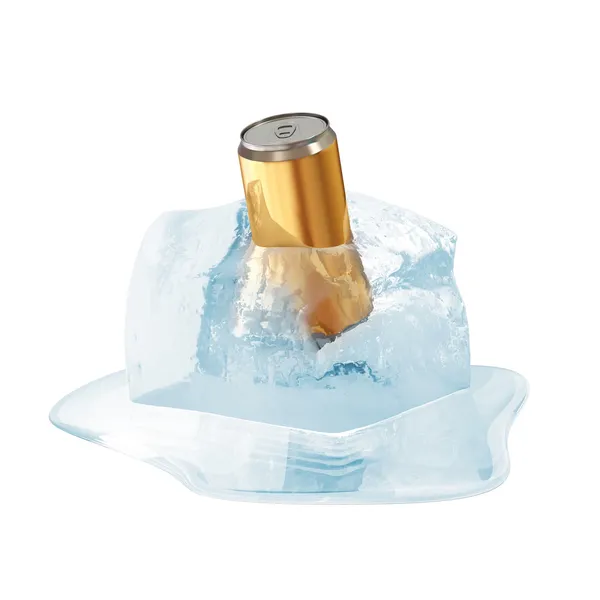 Can of Beer in Melting Ice Cube isolato su sfondo bianco — Foto Stock