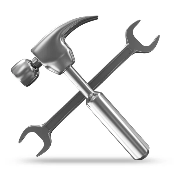 Metal hammer en spanner op witte achtergrond — Stockfoto