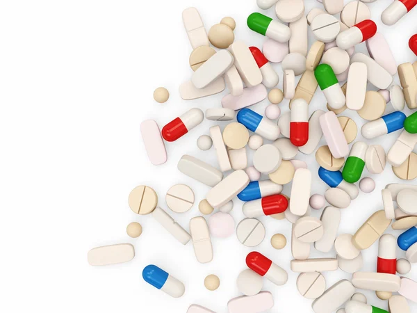Bunte medizinische Pillen isoliert auf weißem Hintergrund mit Platz für Ihren Text — Stockfoto
