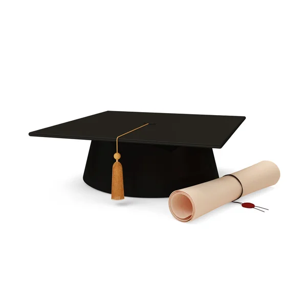 Tappo graduazione e diploma isolato su sfondo bianco — Foto Stock