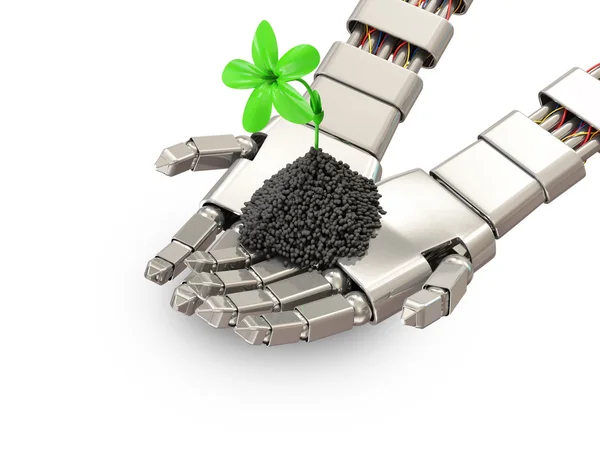 Frische grüne Pflanze in Metallhänden des Roboters isoliert auf weißem Hintergrund — Stockfoto