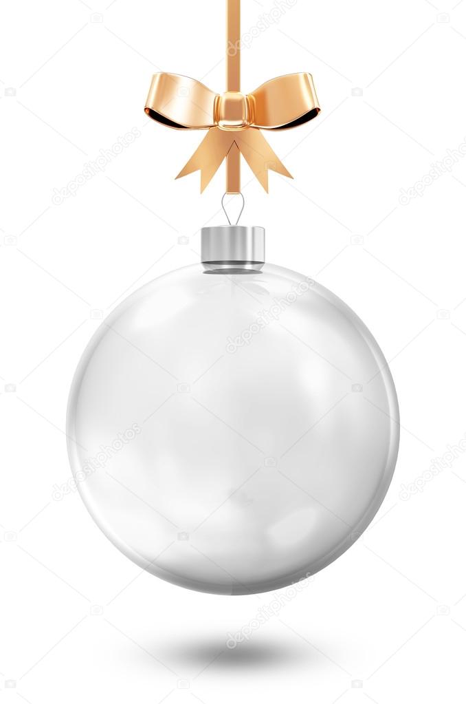 Empty Glass Christmas Ball with Golden Bow isolated on white background