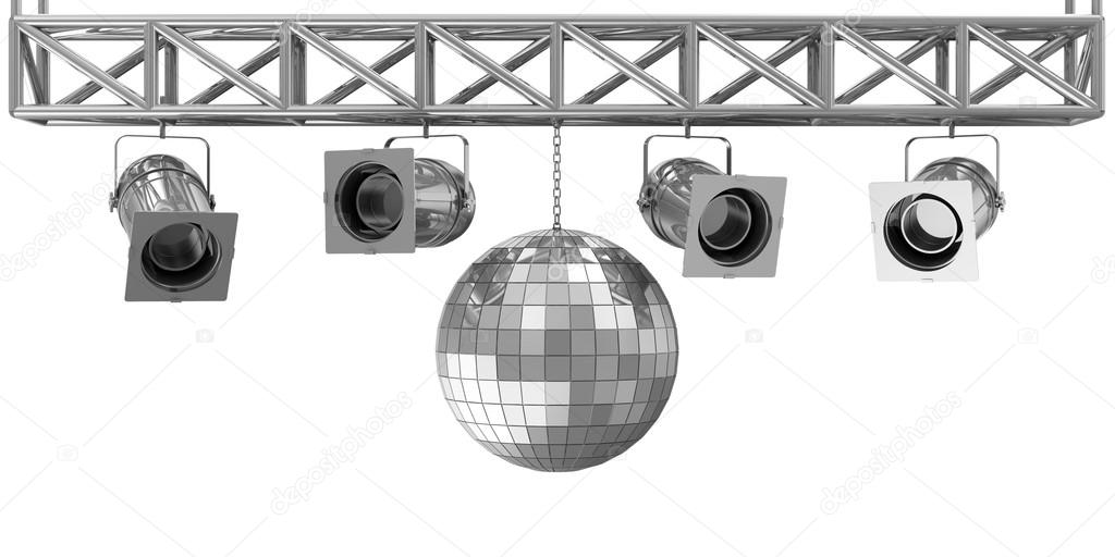 Metal Spotlights and Disco Ball on Stage isolated on white background