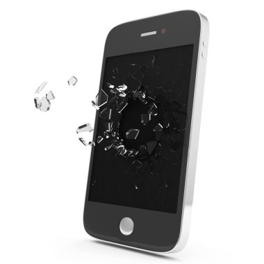 Kırık ekranlı siyah akıllı telefon beyaz arkaplanda izole edildi