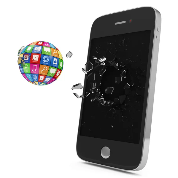 Abstract Illustration of APPS Sphere Breaking Through From Smartphone Display. Mobile APPS Concept — Stock Photo, Image