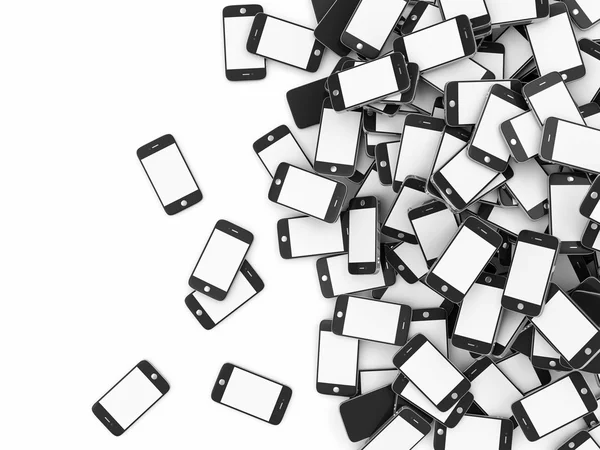 Hoop van slimme telefoons met lege schermen geïsoleerd op een witte achtergrond met plaats voor uw tekst — Stockfoto