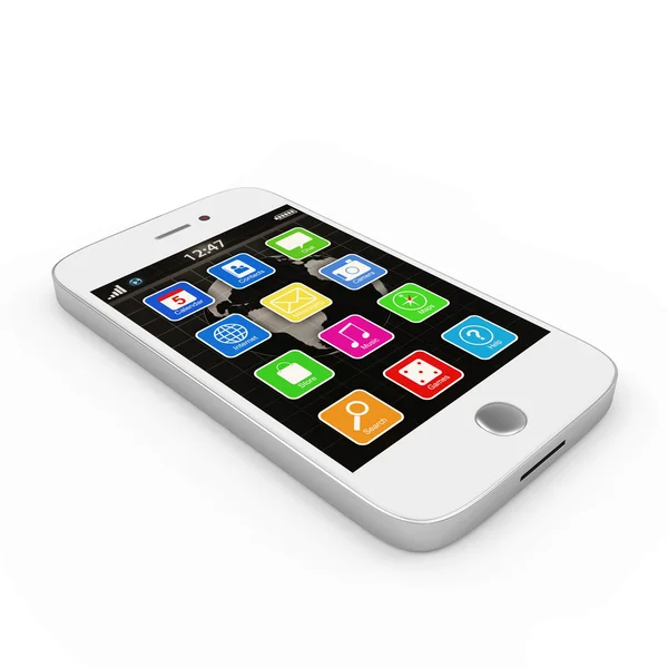 Smartphone blanco con pantalla táctil aislado sobre fondo blanco — Foto de Stock