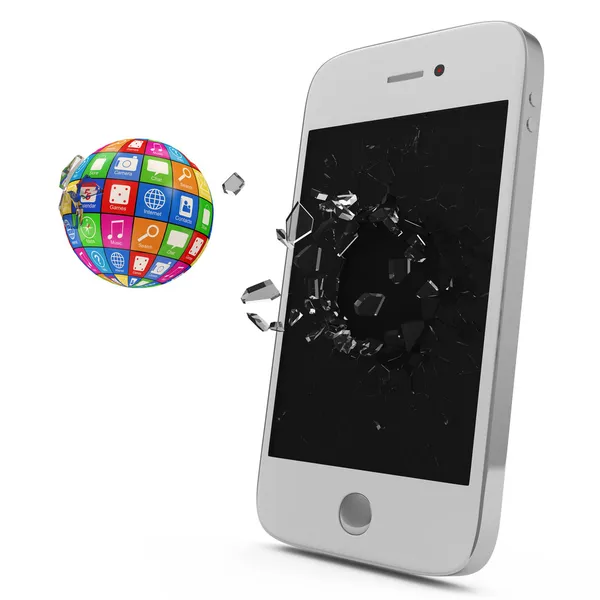 Abstract Illustration of APPS Sphere Breaking Through From Smartphone Display. Mobile APPS Concept — Stock Photo, Image