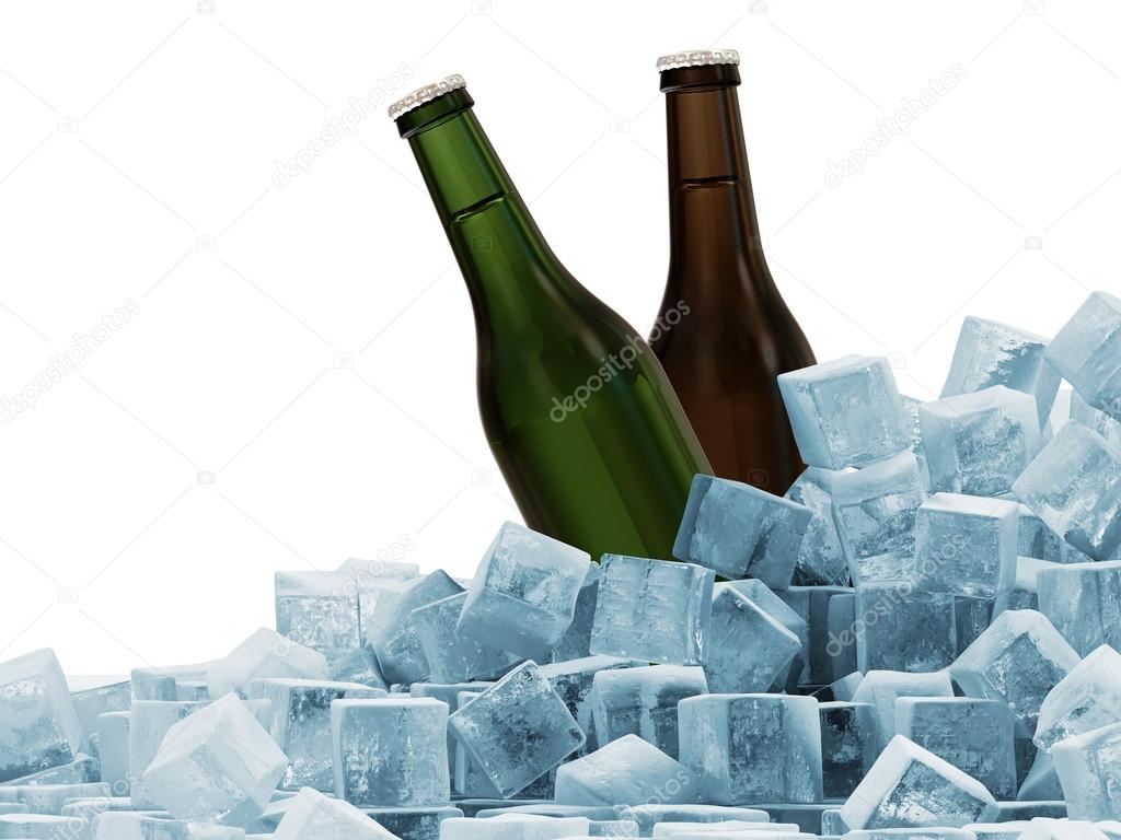 Bottles of Beer in Ice Cubes isolated on white background