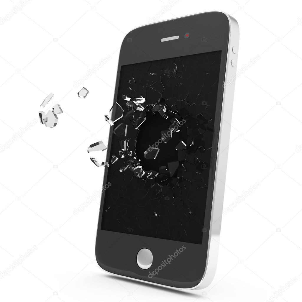 Black Smartphone with Broken Display isolated on white background