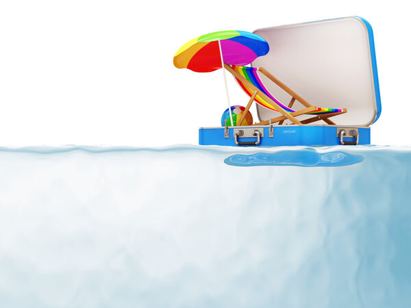 Чемодан с аксессуарами для отдыха в воде на белом фоне
