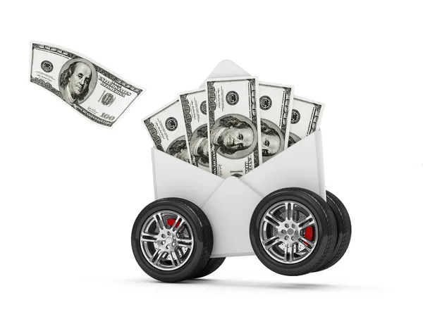 Envelope com Dollar Bills on Wheels isolado no fundo branco — Fotografia de Stock