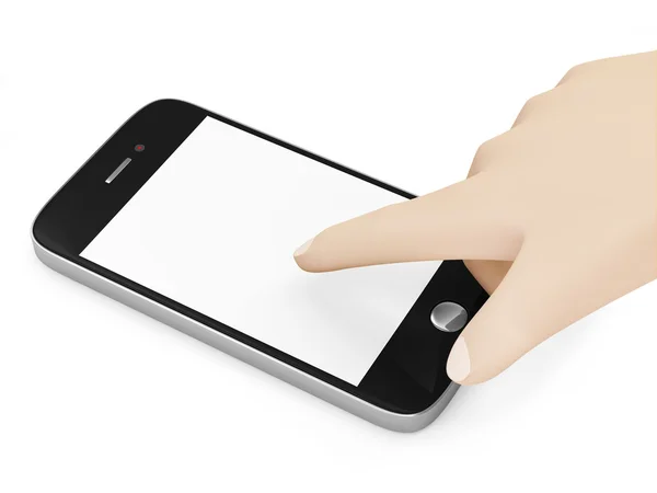 Hand aanraken smartphone met scherm geïsoleerd op witte achtergrond — Stockfoto