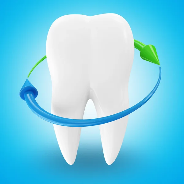 Dente con frecce su sfondo blu (concetto di protezione ) — Foto Stock