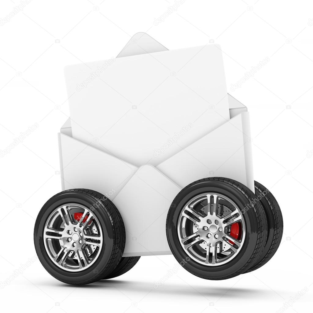 Envelope with Blank Letter on Wheels isolated on white background