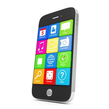 beyaz zemin üzerine izole uygulama simgeleri ile siyah dokunmatik ekran smartphone