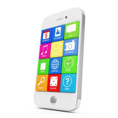 Beyaz arka plan üzerinde izole uygulama simgeleri ile beyaz dokunmatik ekran smartphone
