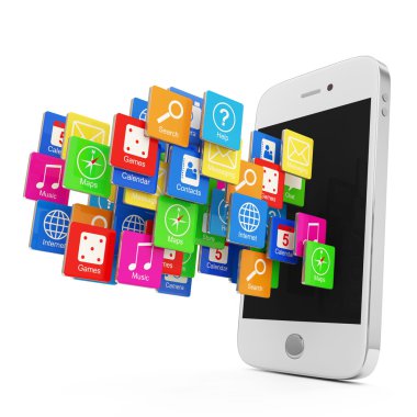beyaz bulut beyaz zemin üzerine izole uygulama simgeleri ile smartphone