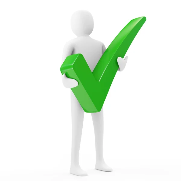 3d Man Holding a Green Check Mark — Stock Photo, Image
